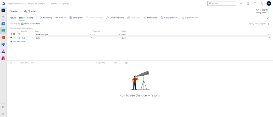 Tela com o editor de queries, mostrando uma query inicial padrão